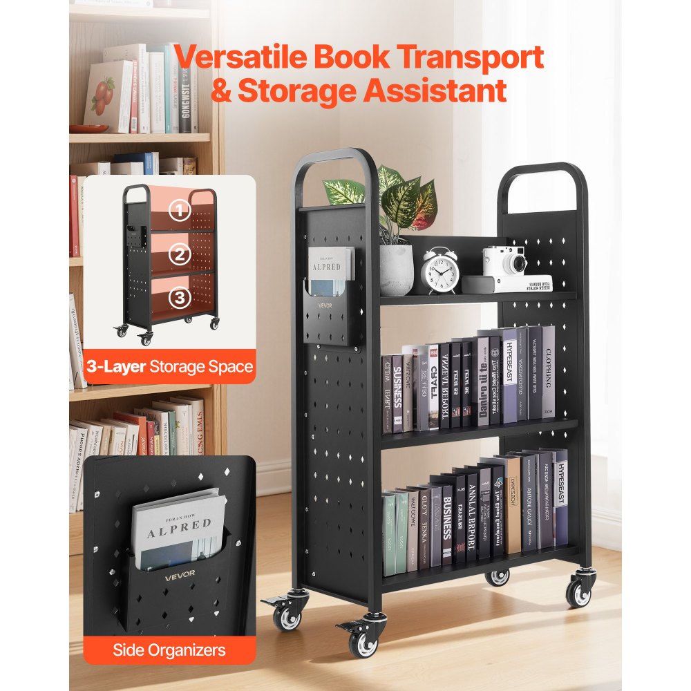 VEVOR Boekenwagen, draagvermogen 150 kg, Bibliotheekwagen, 77 x 38 x 122 cm, enkelzijdige L-vormige boekenplank met dubbele remwielen, Boekenplankwagen voor woonkamer, kantoor, school, zwart