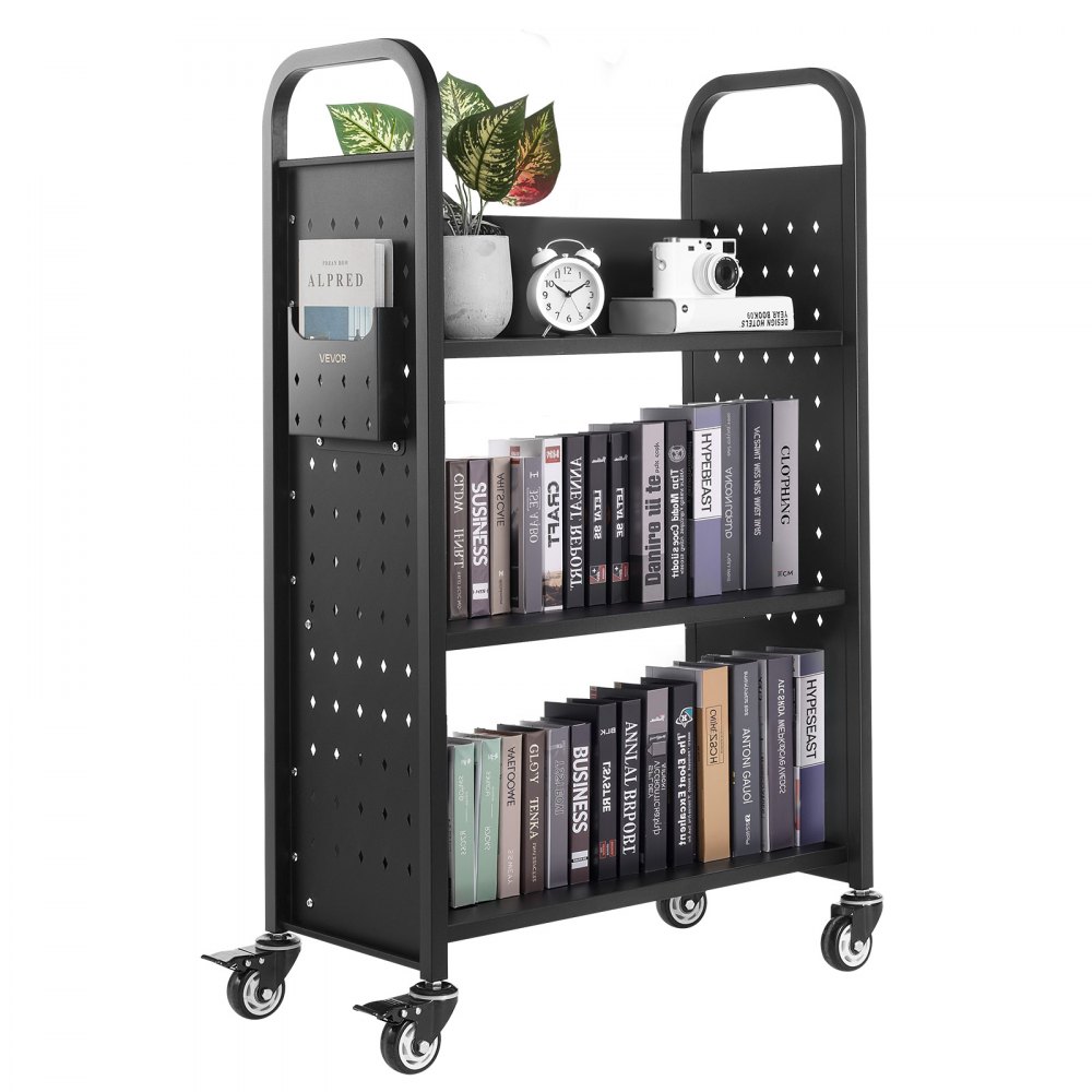 VEVOR Boekenwagen, draagvermogen 150 kg, Bibliotheekwagen, 77 x 38 x 122 cm, enkelzijdige L-vormige boekenplank met dubbele remwielen, Boekenplankwagen voor woonkamer, kantoor, school, zwart