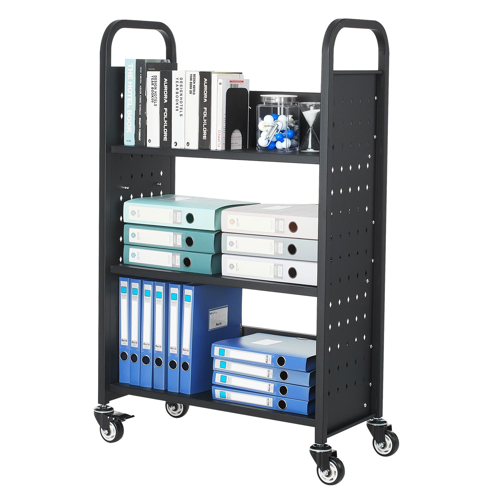 VEVOR Boekenwagen, draagvermogen 150 kg, Bibliotheekwagen, 77 x 38 x 122 cm, enkelzijdige L-vormige boekenplank met dubbele remwielen, Boekenplankwagen voor woonkamer, kantoor, school, zwart