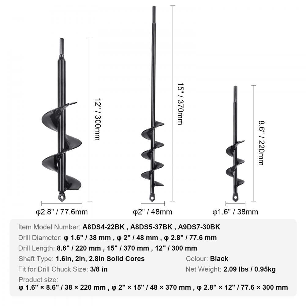 VEVOR grondboor voor planten, set van 3, grondboor voor tuin, spiraalboor voor paalboor, bollenplanten en gaten graven, voor 3/8-inch zeskantboor