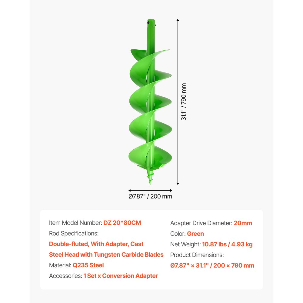 VEVOR Auger Drill Bit for Planting, Ø7.87" x 31.1" Spiral Drill Bit, Compatible with 0.78" ID Drive Drills, Heavy Duty Bulb Planter Tool, Post Hole Drilling Attachments for Garden Digger Fence