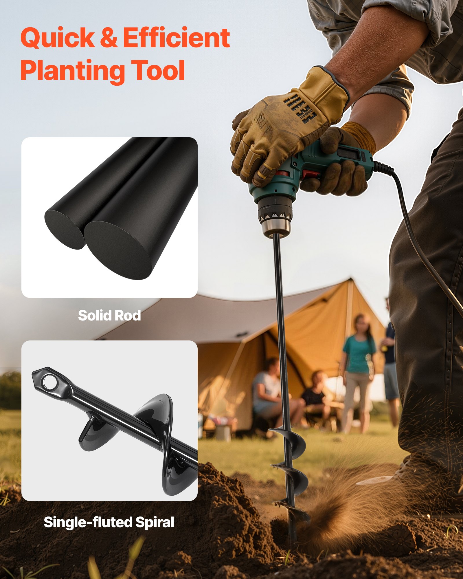 VEVOR grondboor voor boren, 40 x 420 mm tuinboor van Q235 staal, voor 3/8-inch zeskantboor, paalboor, doorvoerboor, graafgereedschap voor planten en boren