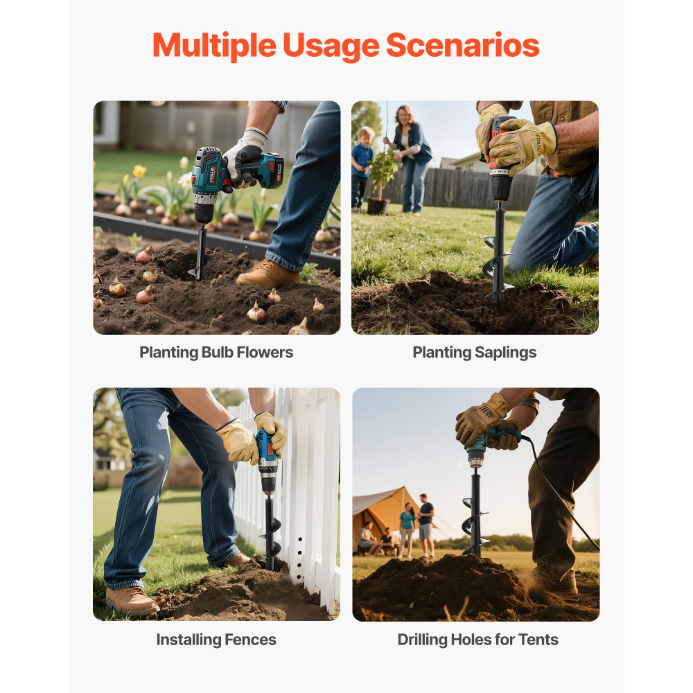 VEVOR grondboor voor boor, Ø 80x290 mm paalboor, voor 3/8-inch zeskantboren, paalboor, doorlopende boor, gatboorbevestigingen voor het graven van gaten voor tuinpalen en hekken