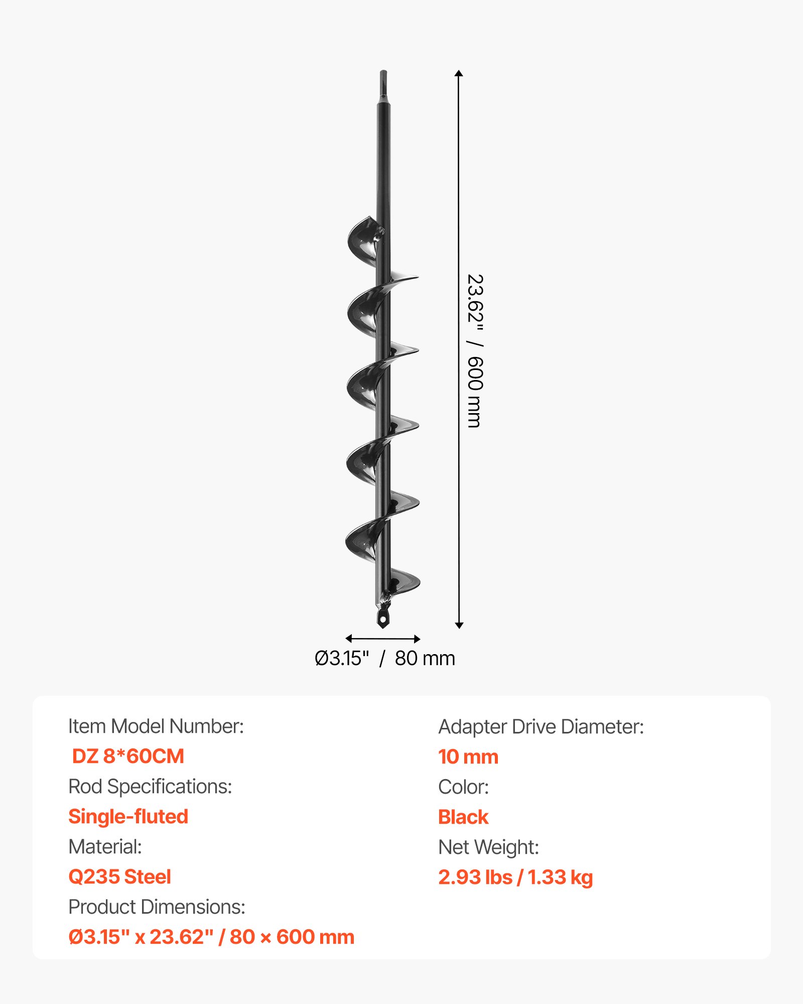 VEVOR Auger Drill Bit for Planting, Ø3.15" x 23.62" Spiral Drill Bit, for 3/8'' Hex Drive Drills, Heavy Duty Bulb Planter Tool, Hole Drilling Attachments for Garden Post Hole Digger Fence Digging