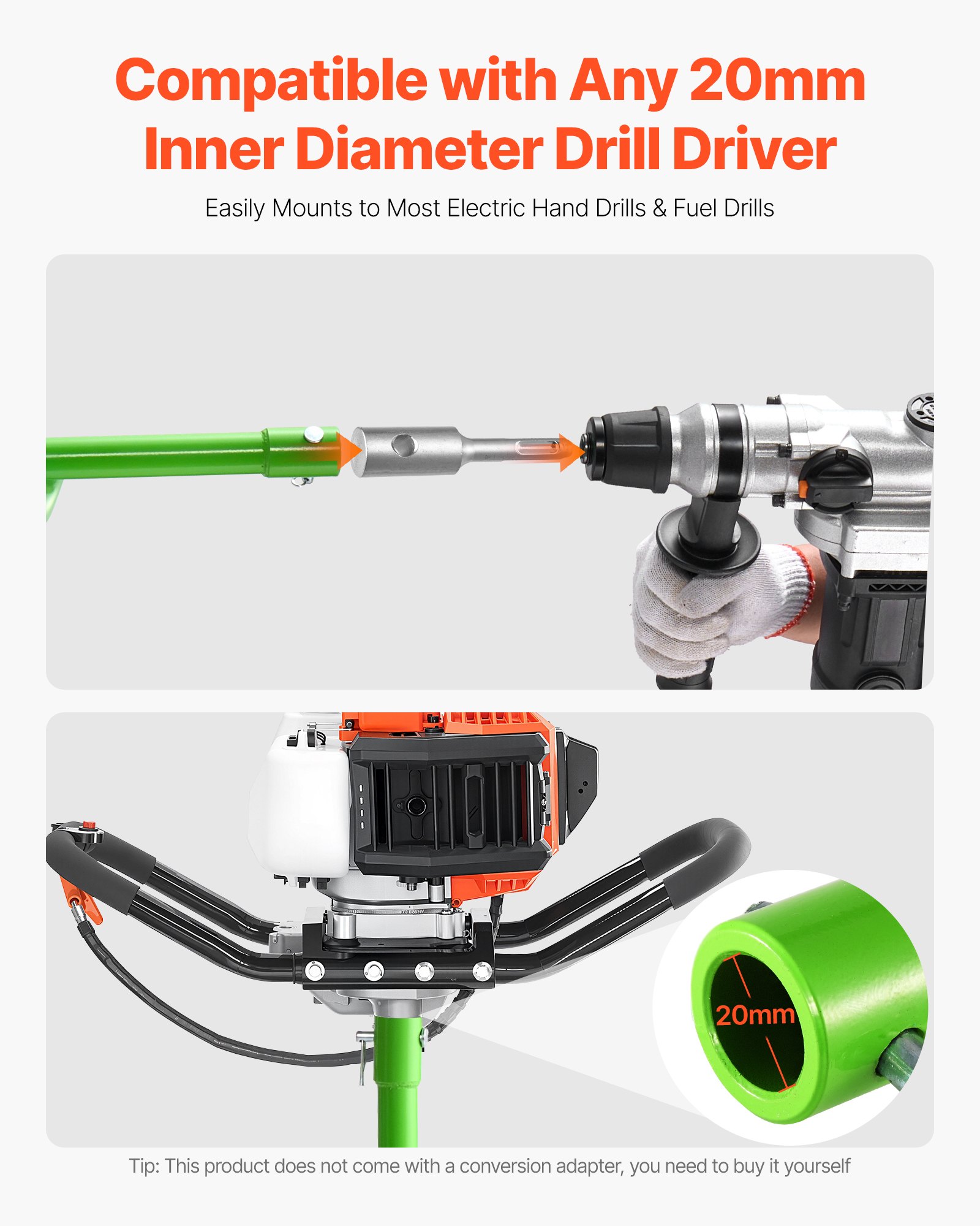 VEVOR grondboor voor boormachines, Ø 80x790 mm tuinboor, compatibel met boren met een binnendiameter van 20 mm, grondboor, paalboorbevestigingen voor tuingraafmachines en hekken