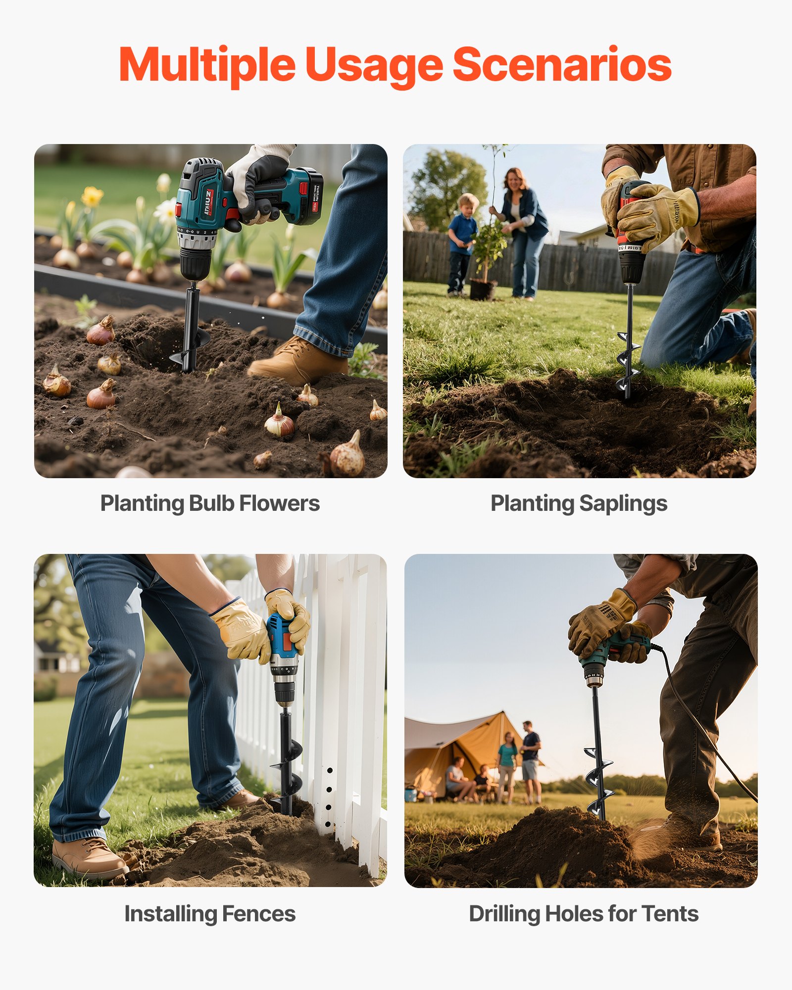 VEVOR grondboor voor boormachine, set van 2, Ø 8x30 cm & Ø 4x22 cm, tuinboor voor 3/8-inch zeskantboor, grondboor, doorvoerboor voor bloembollen, gatboorbevestigingen voor graafmachine