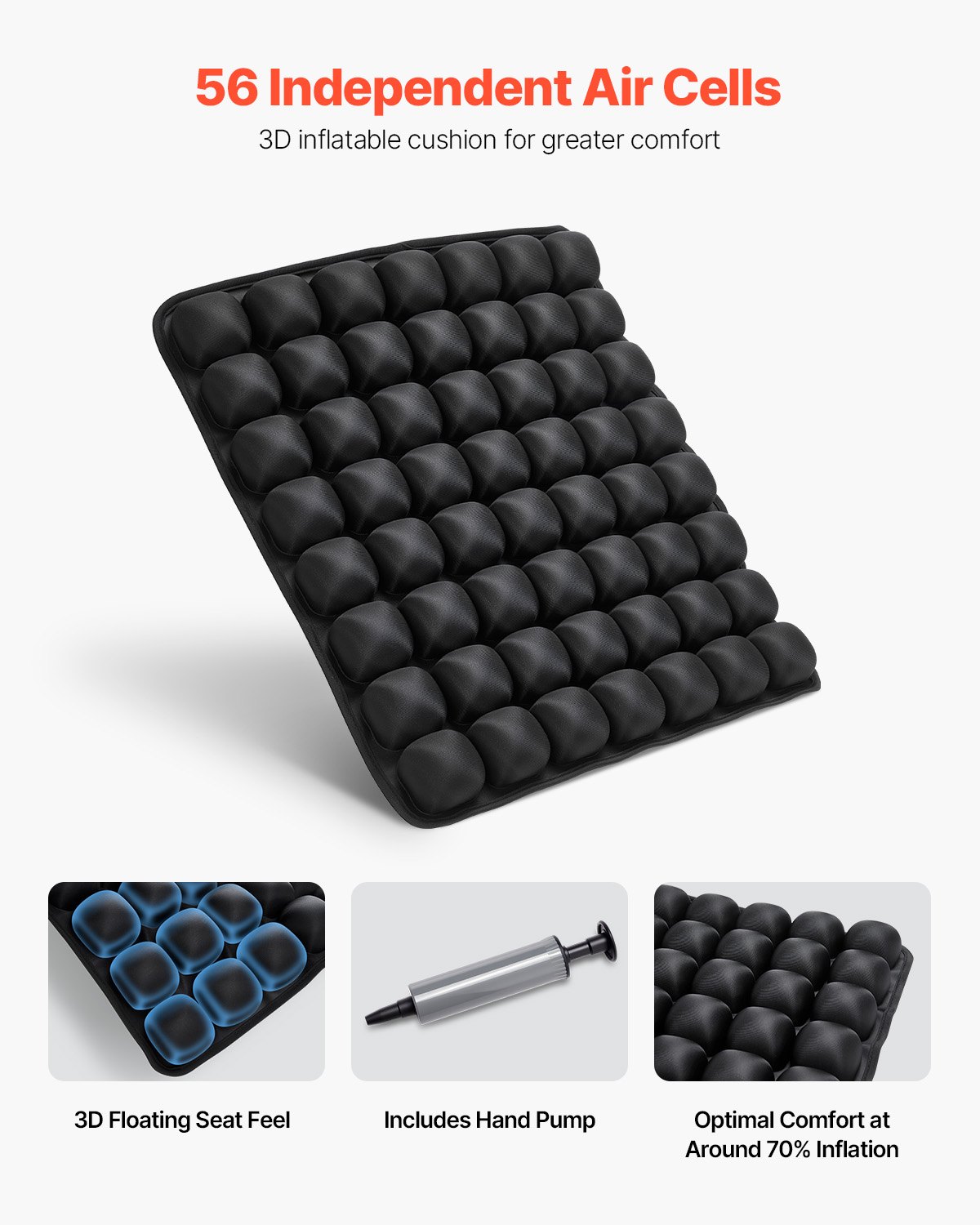 VEVOR Opblaasbaar zitkussen 410x460x45mm, 3D-luchtcelreiskussen voor drukverlichting, lycra & TPU rolstoelzitkussen met handpomp, lichtgewicht en draagbaar voor reizen, kantoor, auto, vliegtuig