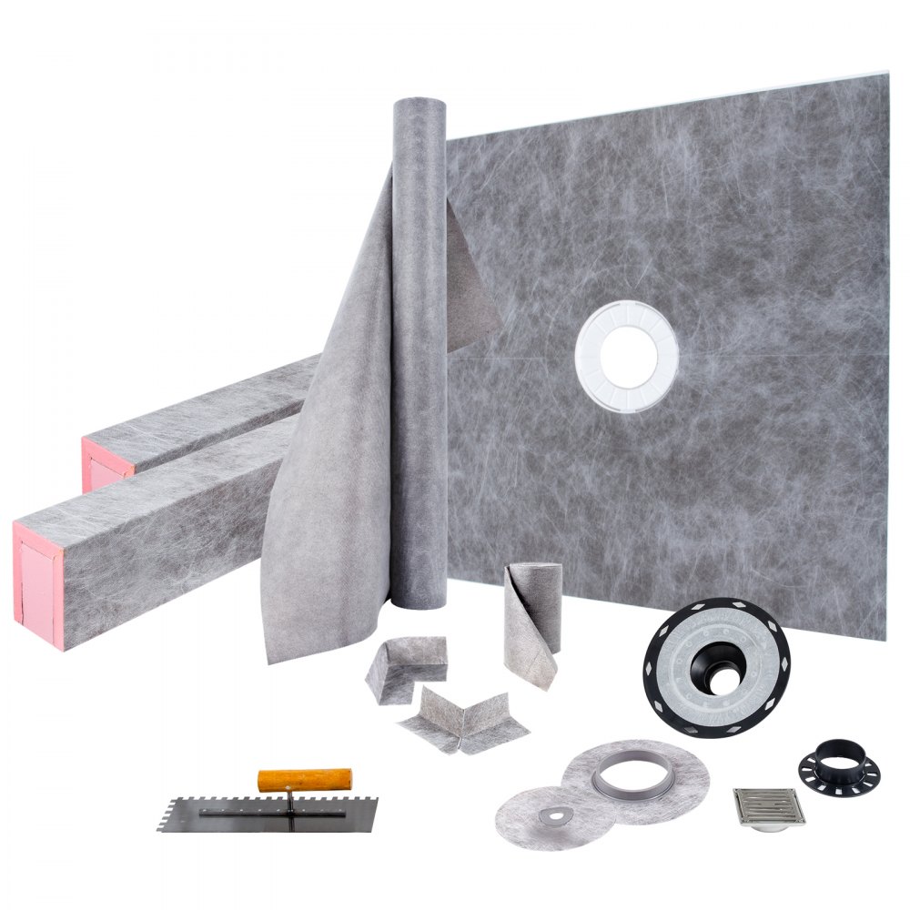 VEVOR shower curb kit with waterproofing membrane and drain assembly components.