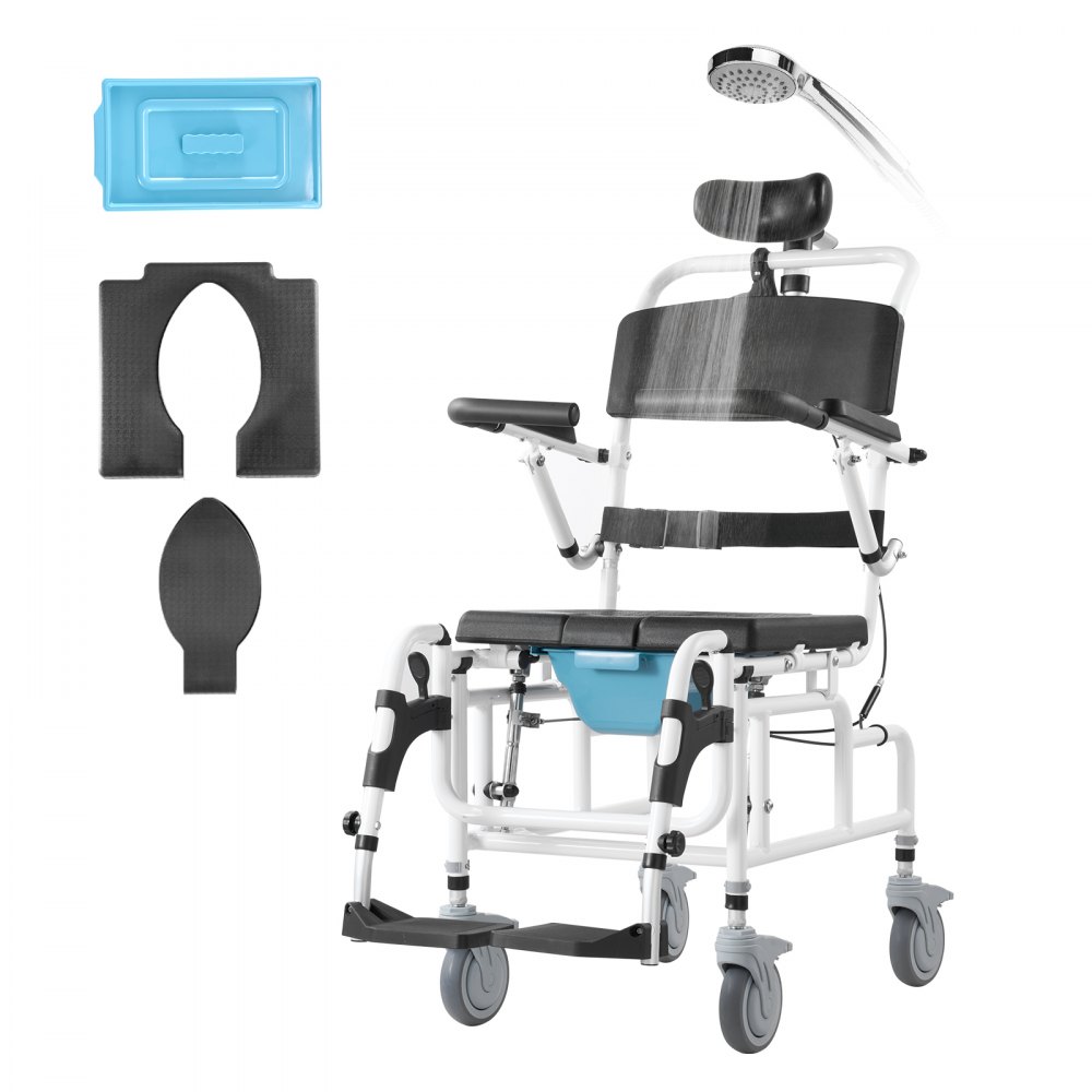 VEVOR shower wheelchair with adjustable headrest, padded seat, footrests, and included blue basin.