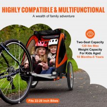 VEVOR fietskar dubbele zitting, 54 kg laadvermogen, 2-in-1 luifeldrager, om te bouwen tot kinderwagen, opvouwbare kinderfietskar om te trekken met universele fietskoppeling, oranje en grijs