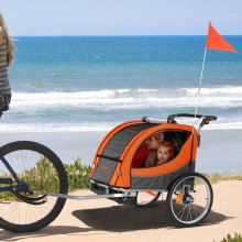 VEVOR fietskar, kinderfietskar dubbele zit, 45 kg laadvermogen, 2-in-1 kinderkar buggy, ombouwbaar tot kinderwagen, opvouwbare kinderfietskar voor het trekken van de fietshaak