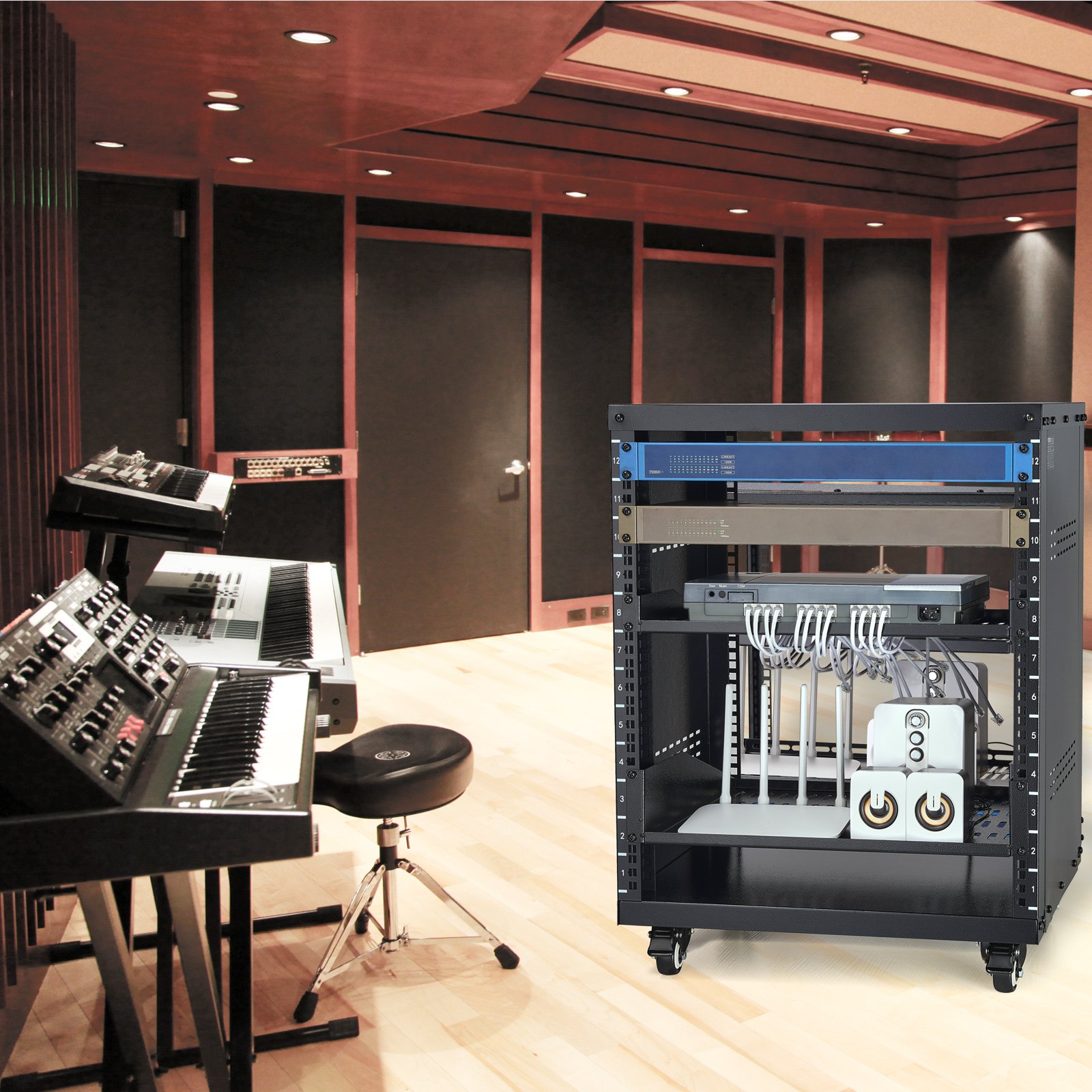 VEVOR 12U AV Rack Stand, 300 lbs Capacity, Network Stereo Recording Studio Rack with Lockable Caster Wheels Round & Square Holes, Special Vents for 19" Audio Video Musical & IT Equipment Mounting