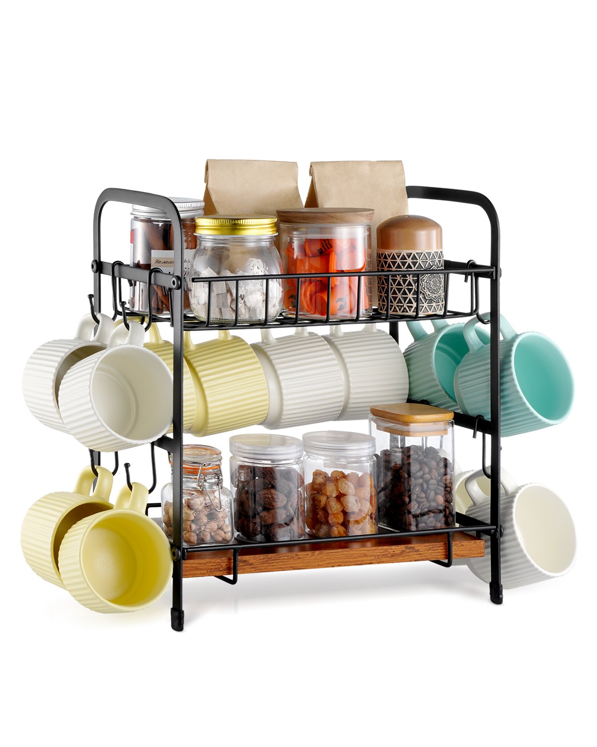 VEVOR 2 Tier Coffee Bar Organizer for Countertop, Multifunctional Mug Holder and Coffee Station, 12 Movable Hooks and 2 Shelves for Coffee Accessories Storage and Display, Home Office (Matte Black)