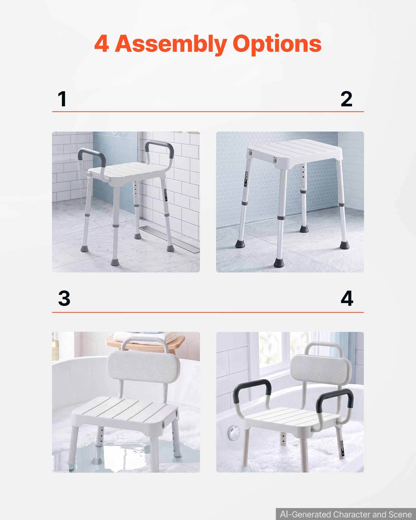VEVOR Douchestoel 181,4 kg, in 6 standen in hoogte verstelbare douchestoel met armleuningen, frame van aluminiumlegering, voor douche of bad, geschikt voor senioren, mensen met een beperking en mensen met een blessure.