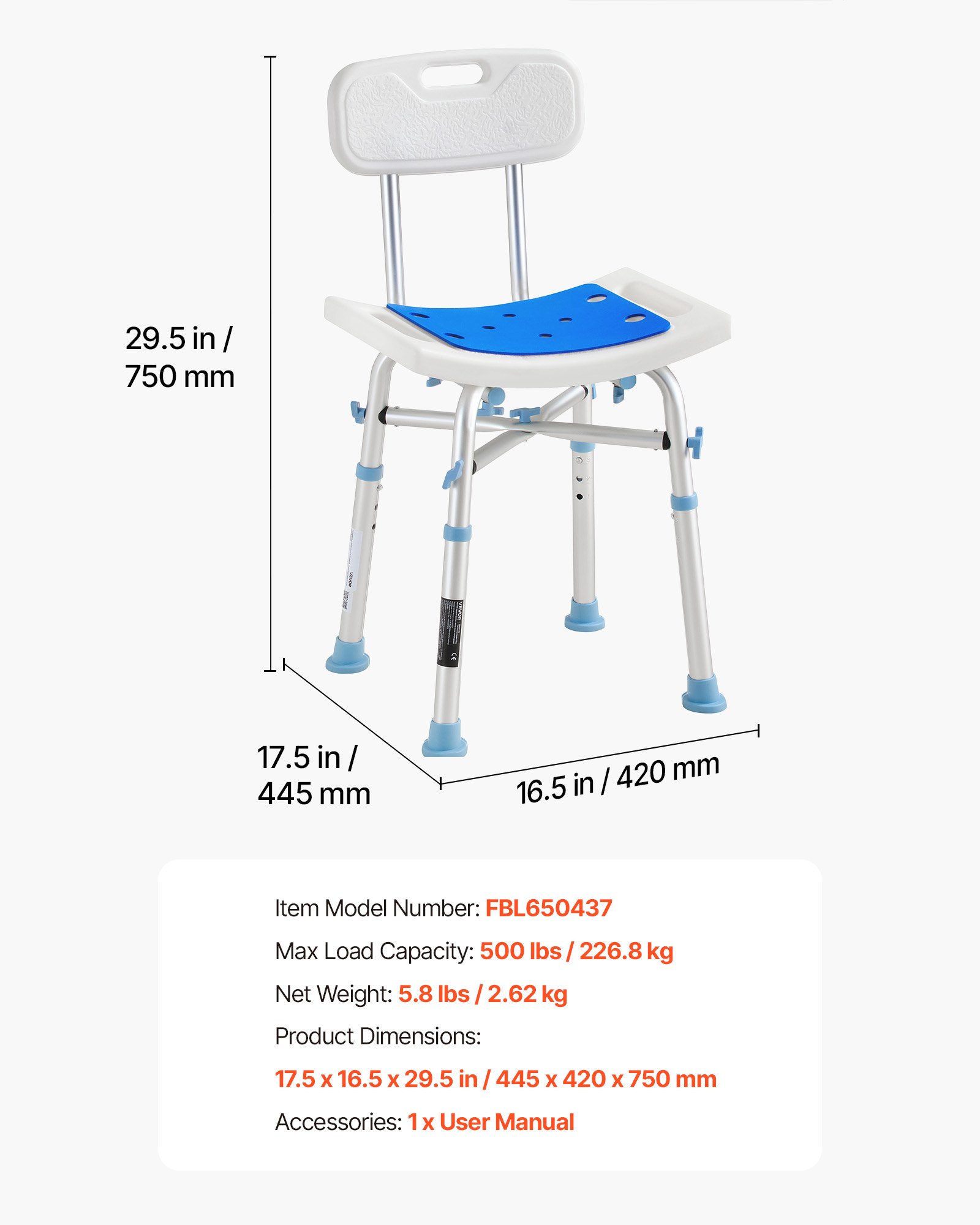 VEVOR douchestoel, draagvermogen 226,8 kg, in 3 standen in hoogte verstelbare douchestoel met rugleuning, zachte EVA-bekleding, brede zitting en geïntegreerde handgrepen, voor senioren en mensen met een beperking.