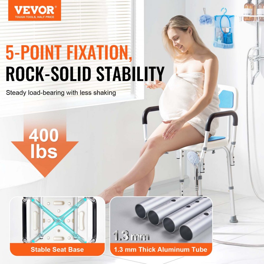 VEVOR Shower Chair Seat with Padded Armrests and Back, Shower Stool with Suction Feet, Shower Chair for Inside Shower Bathtub, Adjustable Height Bench Bath Chair for Elderly Disabled, 181.4kg Capacity