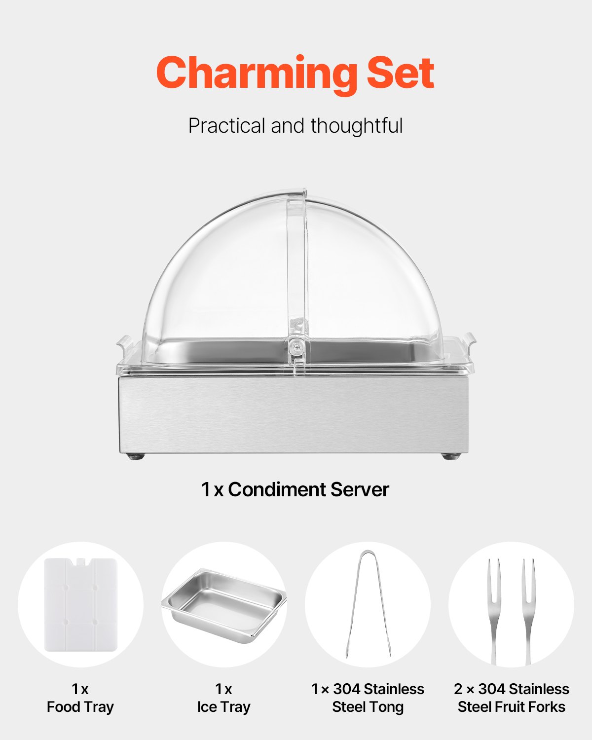 VEVOR Countertop Food Serving Display Container, 1 x 1/2 Pan Stainless Steel Food Serving Tray, Buffet Condiment Dispenser Display Rack with Clear Lid & Ice Tray, for Restaurant Hotel Kitchen Party