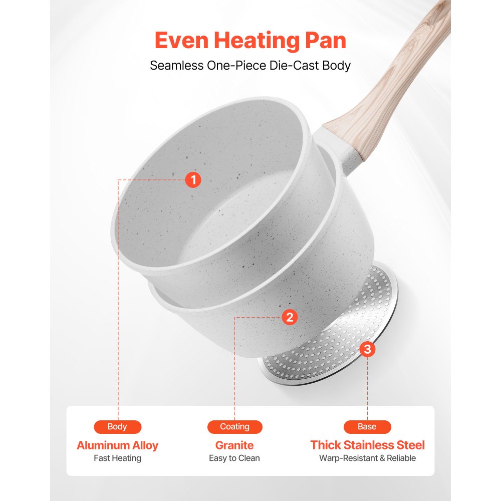 VEVOR 1.5 QT Saucepan, Nonstick Saucepan with Tempered Glass Lid, Multipurpose Cooking Sauce Pot with Detachable Handle, Sauce Pan Small Kitchen Cooking Pot with Coating, Induction Compatible, White