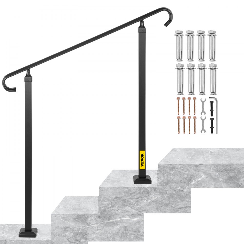 VEVOR Outdoor Stair Railing, Alloy Metal Hand Railing, Fit 2 or 3 Steps Flexible Transitional Handrail, Black Outdoor Stair Rail with Installation Kit, Step Handrail for Concrete or Wooden Stairs