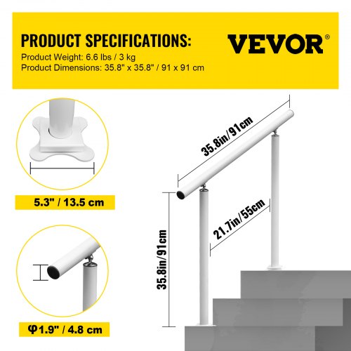 VEVOR Leuning, Trapleuning Lengte 91,4cm, Leuning Wandleuning Wandtrap Trapleuning Hoogte 86,4cm, Roestvrij Staal met Metalen Pluggen, Banister Rail Support Kit Gepolijst RVS Voor Binnen en Buiten