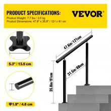 VEVOR Handrail Outdoor Stairs, 4ft, 34 Inch Outdoor Handrail Black Outdoor Stair Railing Adjustable from 0 to 60 Degrees Handrail for Stairs Outdoor Black Aluminum Stair Railing for Garden