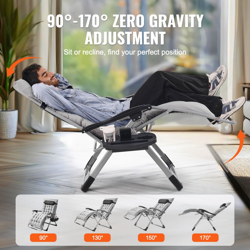 VEVOR Zero Gravity Chair, 84 cm Zero Gravity Relaxfauteuil voor binnen en buiten, Verstelbare anti-zwaartekrachtstoel met kussen, hoofdsteun, voetensteun en bekerhouder, 227 kg, Grijs