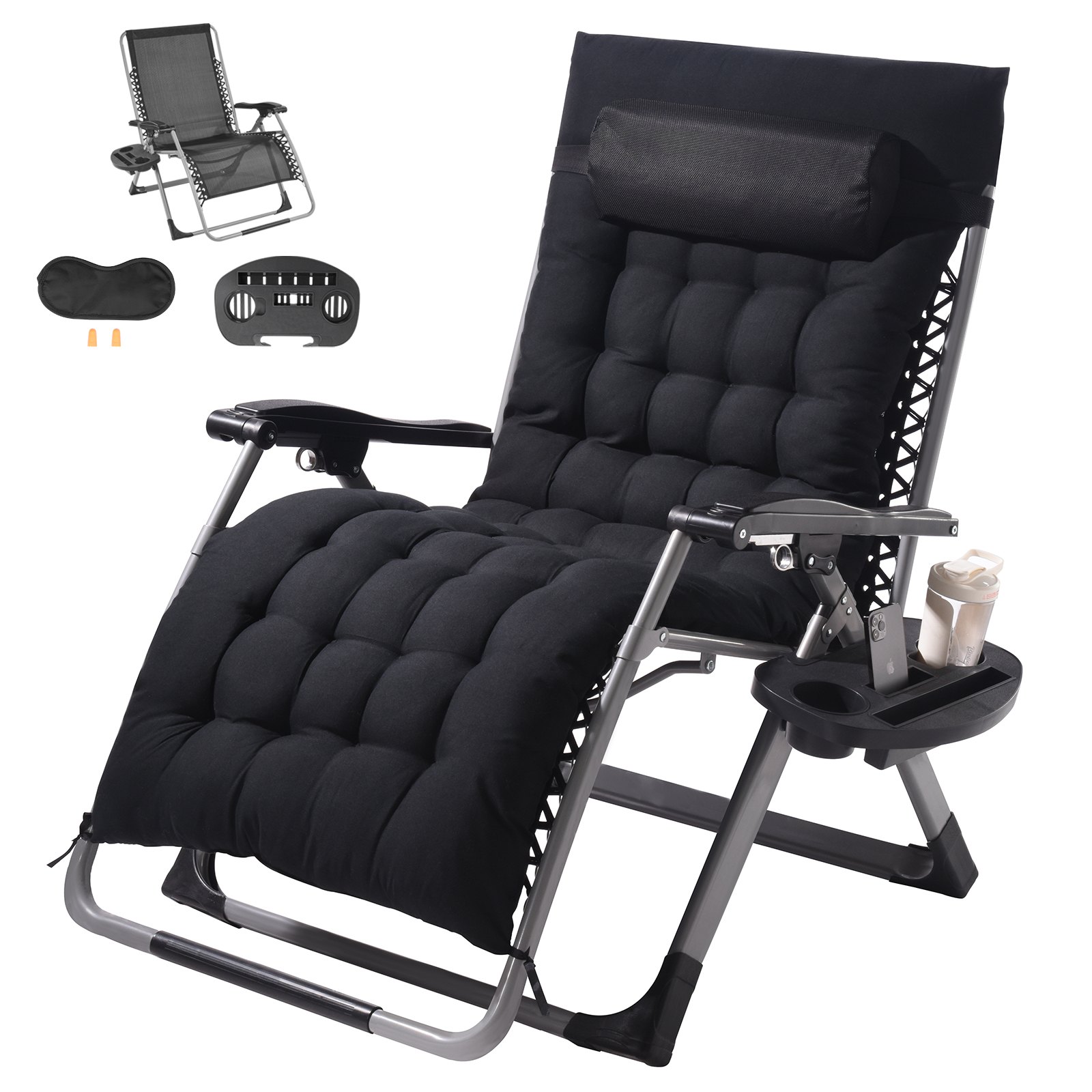 VEVOR Zero Gravity Chair, 84 cm Zero Gravity Relaxfauteuil voor binnen en buiten, Verstelbare anti-zwaartekrachtstoel met kussen, hoofdsteun, voetensteun en bekerhouder, 227 kg, Zwart