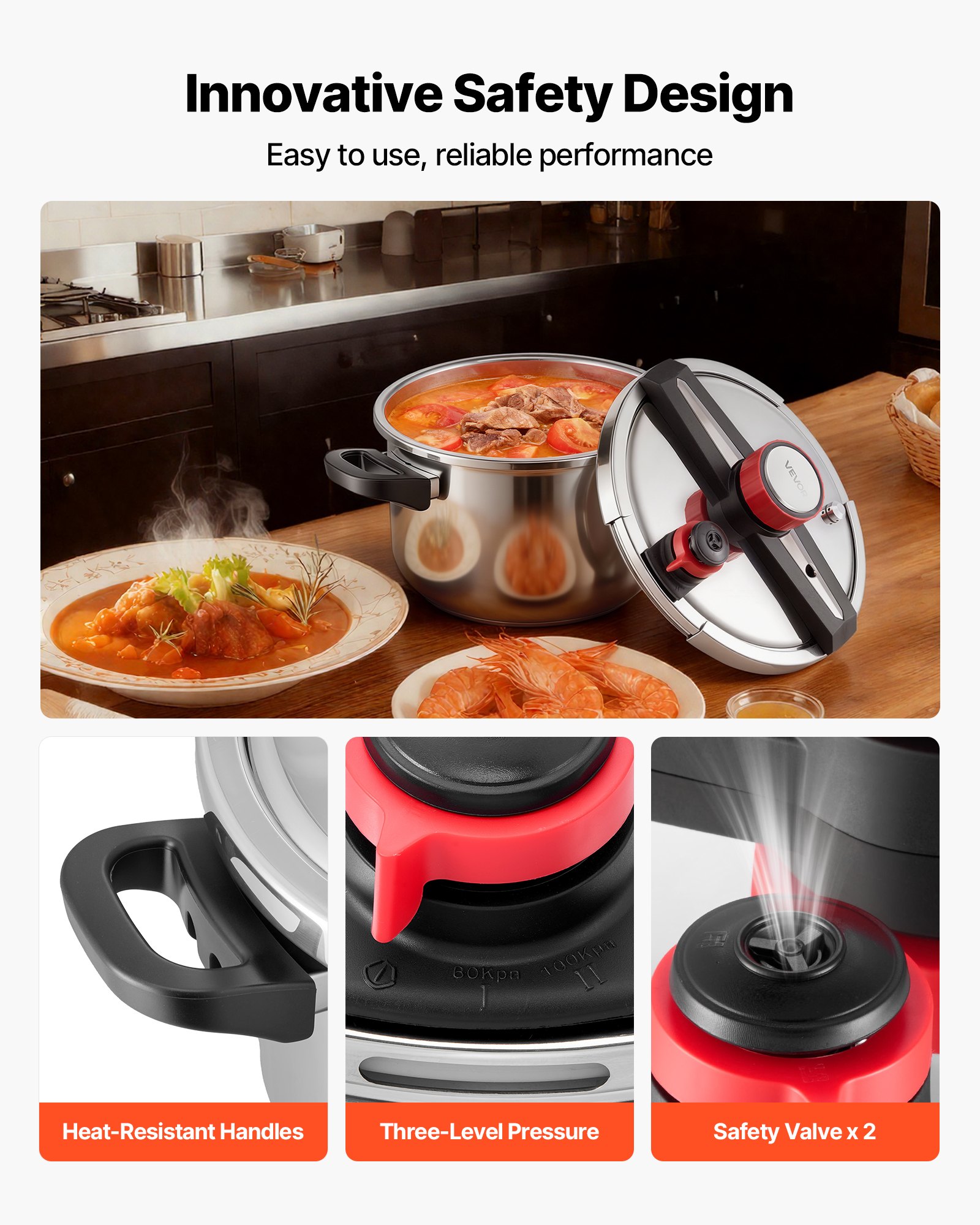 VEVOR Pressure Cooker, 10Qt Pressure Cooker Stainless Steel, Pressures Canner with Steaming Rack, Tempered Glass Lid, Three Pressures Settings for Meat, Beans, Rice, Soup, Sauces, Cook up to 100 kPa