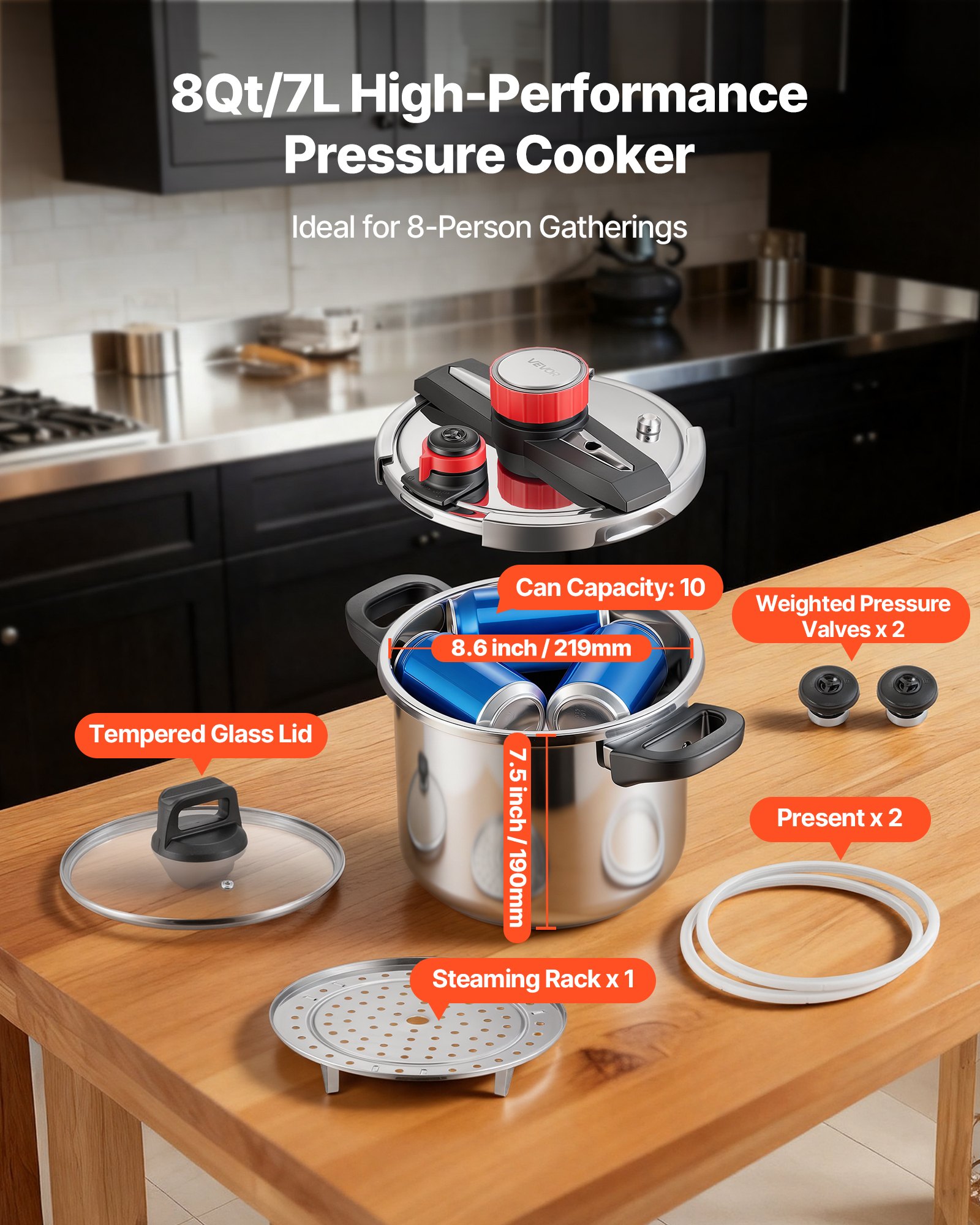 VEVOR Pressure Cooker, 8Qt Pressure Cooker Stainless Steel, Pressures Canner with Steaming Rack, Tempered Glass Lid, Three Pressures Settings for Meat, Beans, Rice, Soup, Sauces, Cook up to 100 kPa
