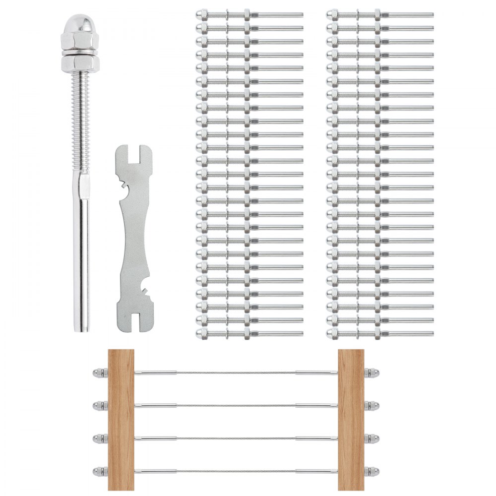VEVOR 61-pack kabelrailing verzonken draadbout spanning eindklem voor 1/8" dekkabelrailing, T316 roestvrij staal, kabelrailspanner 1/8" voor houten/metalen palen, zilver