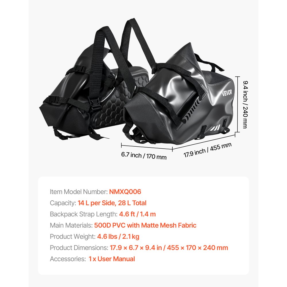 VEVOR Motortas Motorfiets Zadeltas 14 L x 2 Waterdicht, Grote Zijzadeltas voor Motorbagage, Bagageopslag met Onderband, Zwarte Zijtas Outdoor Sport