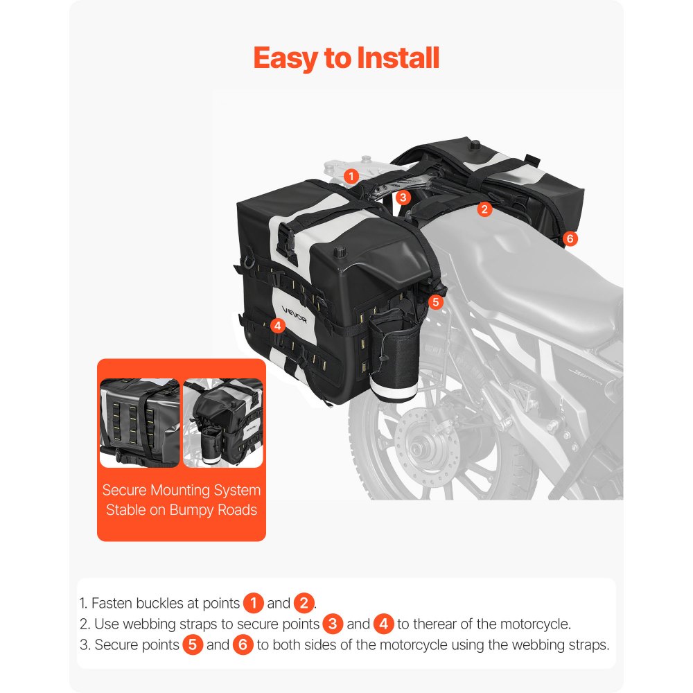 VEVOR Motorcycle Saddlebag, 56 L (28 L x 2) Large Capacity Side Saddle Bag Compatible with Most Motorcycles, Waterproof Fabric Outdoor Sports Motorbike Luggage Storage with Detachable Inner Bag, Black