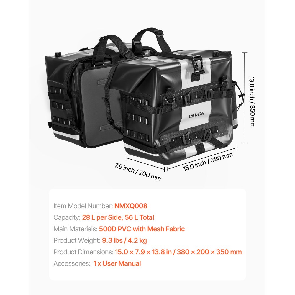VEVOR Motorcycle Saddlebag, 56 L (28 L x 2) Large Capacity Side Saddle Bag Compatible with Most Motorcycles, Waterproof Fabric Outdoor Sports Motorbike Luggage Storage with Detachable Inner Bag, Black