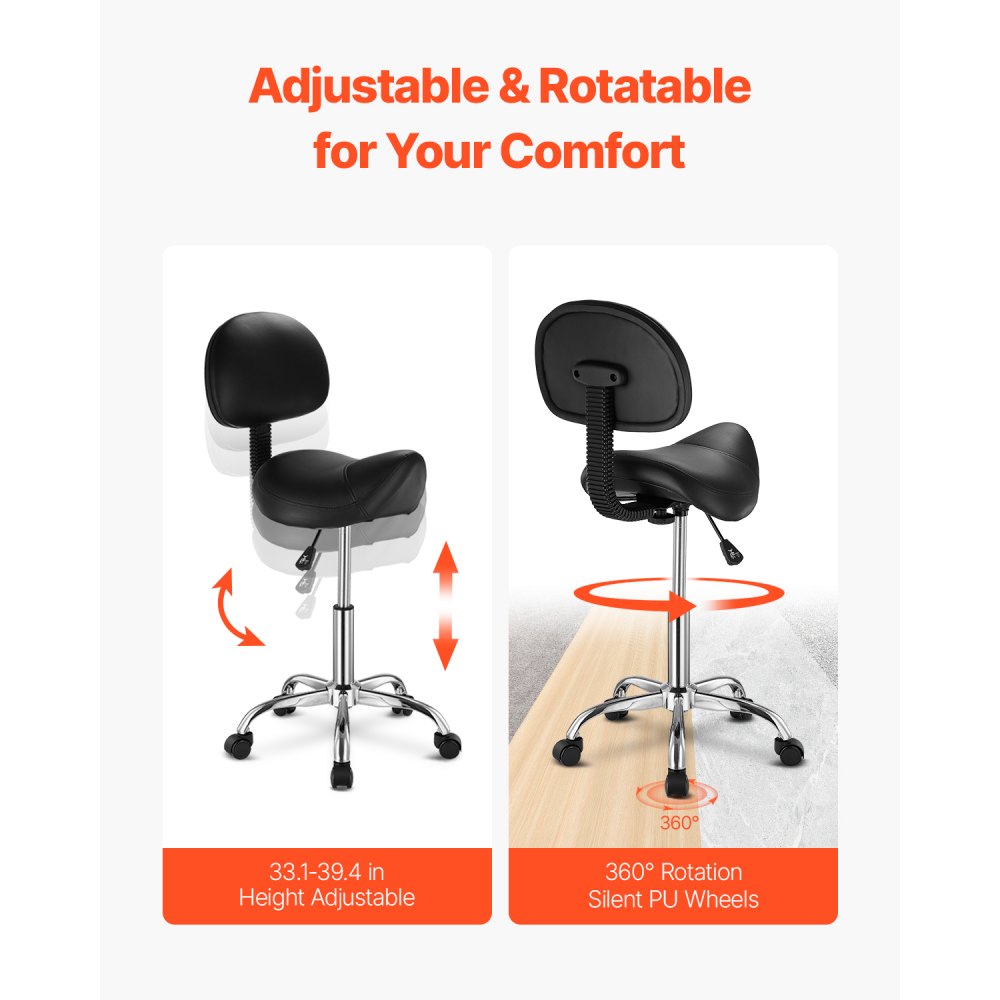 VEVOR Zadelkruk, rolkruk, draagvermogen 204 kg, in hoogte verstelbaar (84-100 cm), draaikruk, werkkruk met rugleuning, ergonomische PU-leren draaistoel voor salon, spa, massagekliniek