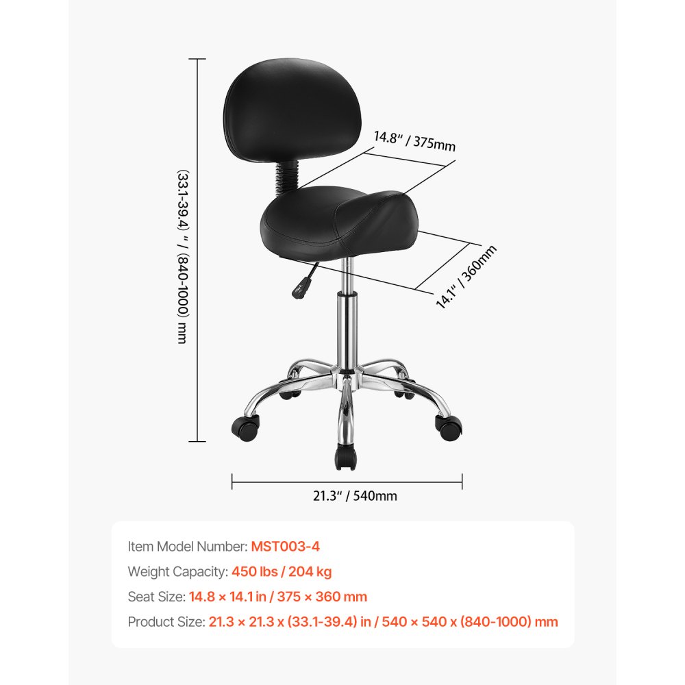 VEVOR Zadelkruk, rolkruk, draagvermogen 204 kg, in hoogte verstelbaar (84-100 cm), draaikruk, werkkruk met rugleuning, ergonomische PU-leren draaistoel voor salon, spa, massagekliniek