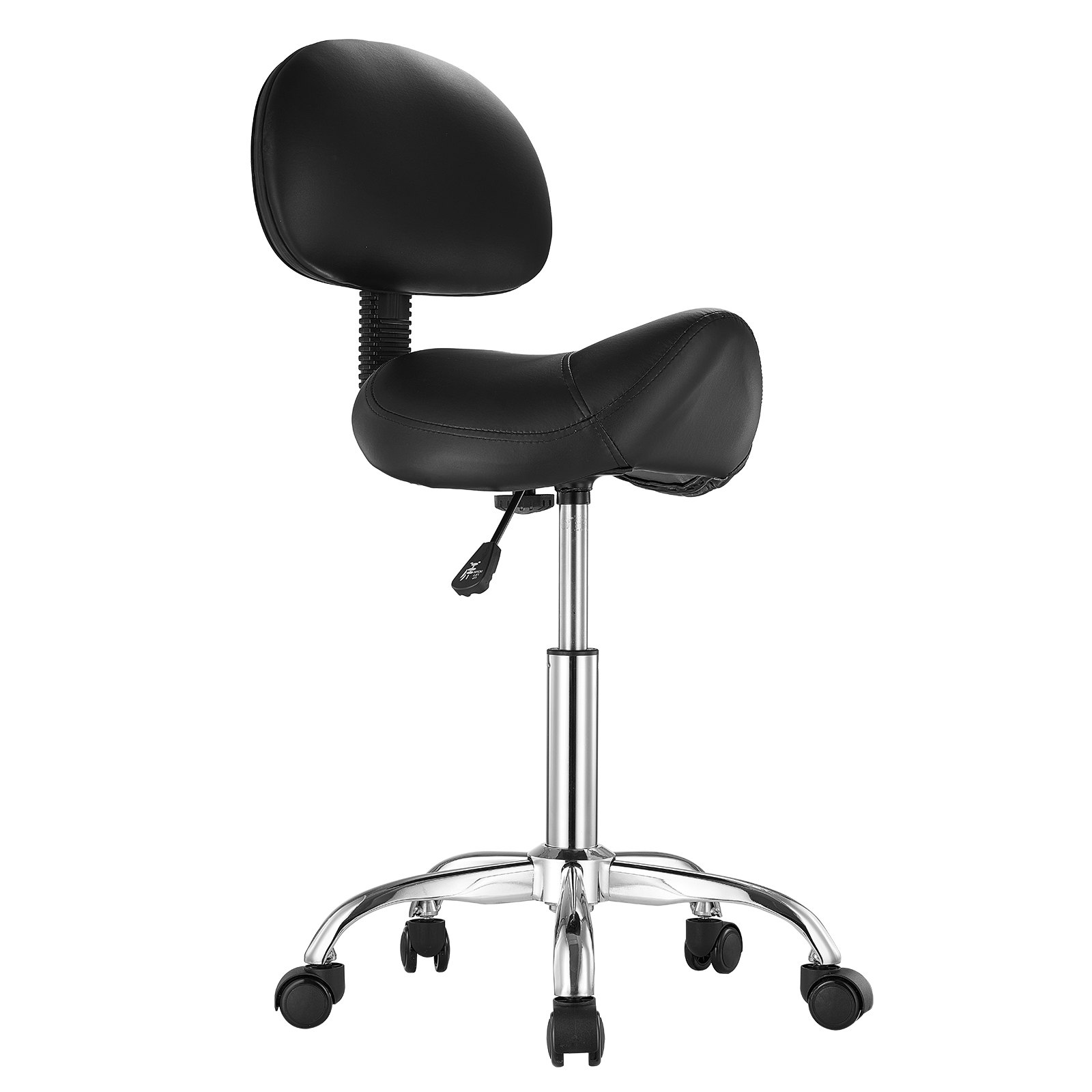 VEVOR Saddle Stool with Back Support and Wheels, 450 LBS Weight Capacity Ergonomic Rolling Stool, Height Adjustable Thickened PU Leather Swivel Saddle Chair for Salon, Spa, Massage, Tattoo, Black