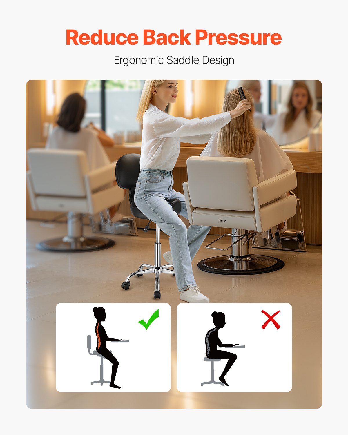 VEVOR Zadelkruk, rolkruk, draagvermogen 204 kg, in hoogte verstelbaar (84-100 cm), draaikruk, werkkruk met rugleuning, ergonomische PU-leren draaistoel voor salon, spa, massagekliniek