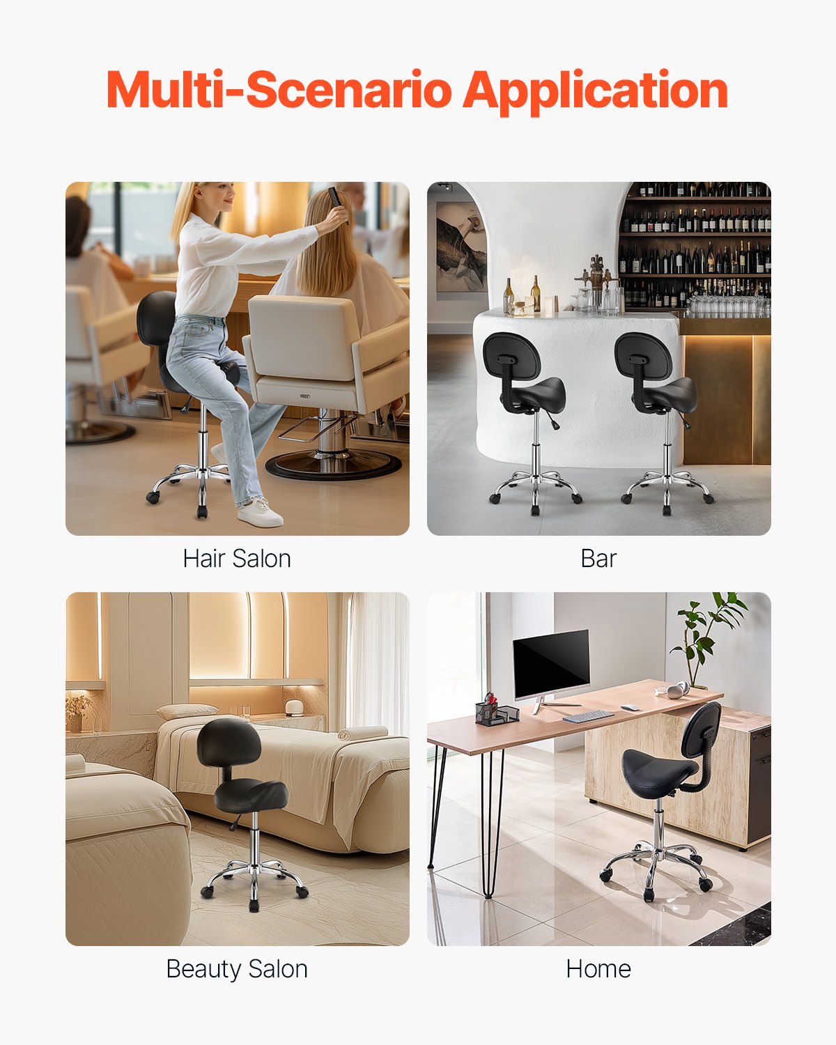 VEVOR Zadelkruk, rolkruk, draagvermogen 204 kg, in hoogte verstelbaar (84-100 cm), draaikruk, werkkruk met rugleuning, ergonomische PU-leren draaistoel voor salon, spa, massagekliniek