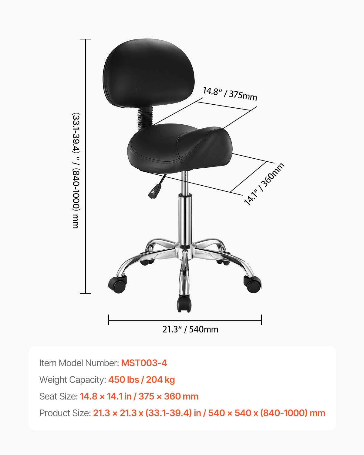 VEVOR Zadelkruk, rolkruk, draagvermogen 204 kg, in hoogte verstelbaar (84-100 cm), draaikruk, werkkruk met rugleuning, ergonomische PU-leren draaistoel voor salon, spa, massagekliniek