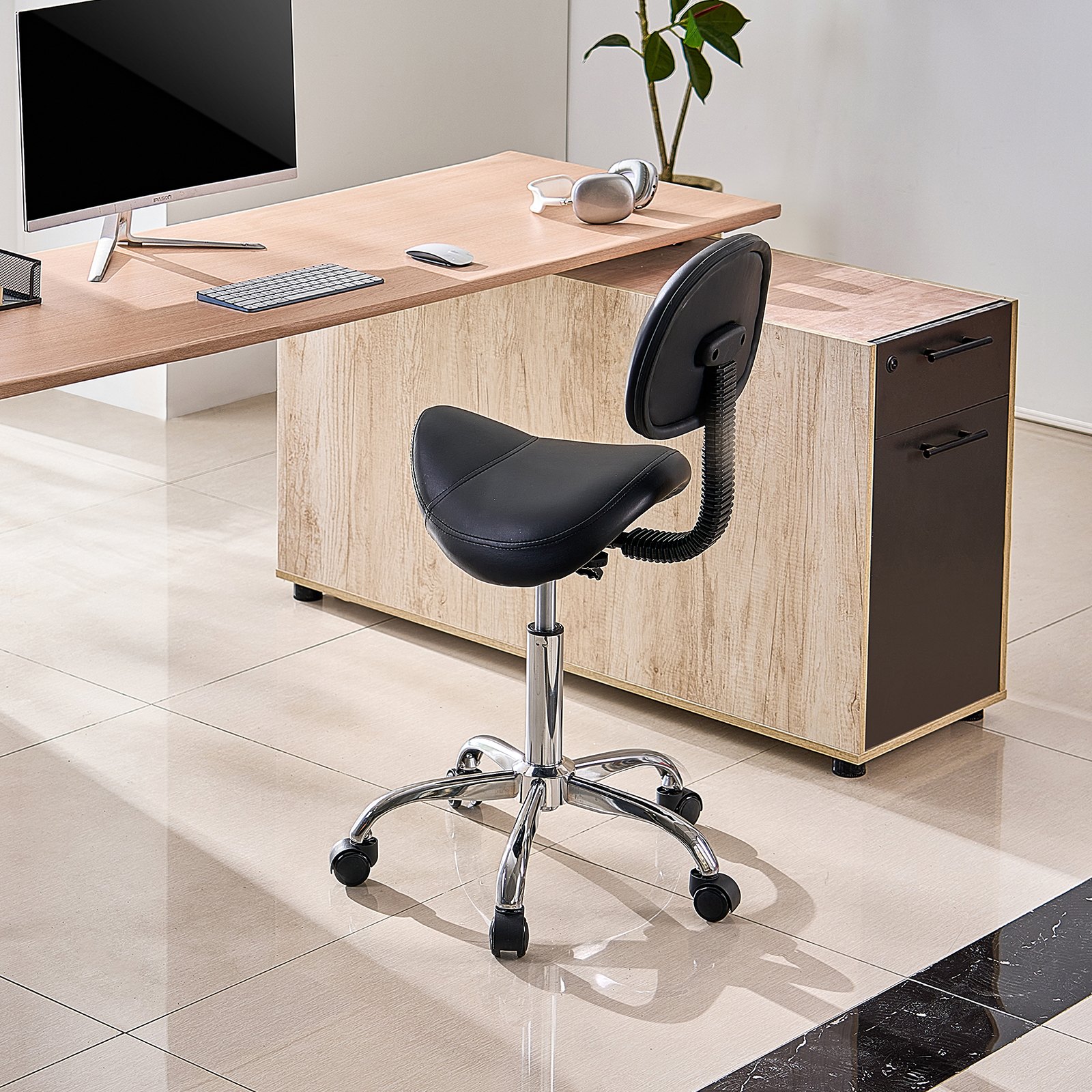 VEVOR Zadelkruk, rolkruk, draagvermogen 204 kg, in hoogte verstelbaar (84-100 cm), draaikruk, werkkruk met rugleuning, ergonomische PU-leren draaistoel voor salon, spa, massagekliniek