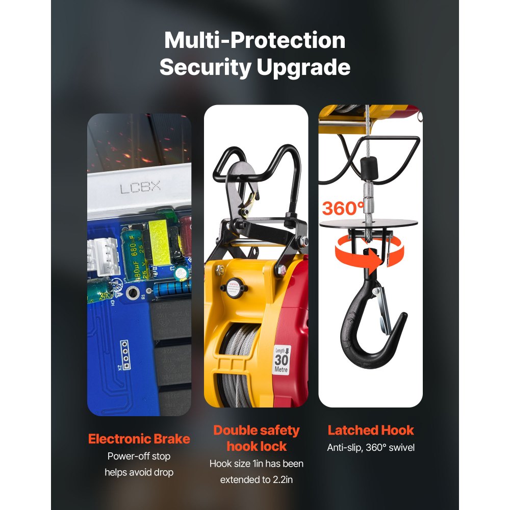 VEVOR elektrische lier 300 kg, 2-in-1 elektrische takel 1500 W, takelhoogte 30 m, kabeltreksnelheid 18,9 m/min, met bedrade en draadloze afstandsbediening voor fabriek, magazijn en garage