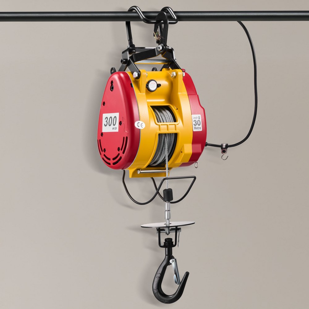 VEVOR elektrische lier 300 kg, 2-in-1 elektrische takel 1500 W, takelhoogte 30 m, kabeltreksnelheid 18,9 m/min, met bedrade en draadloze afstandsbediening voor fabriek, magazijn en garage