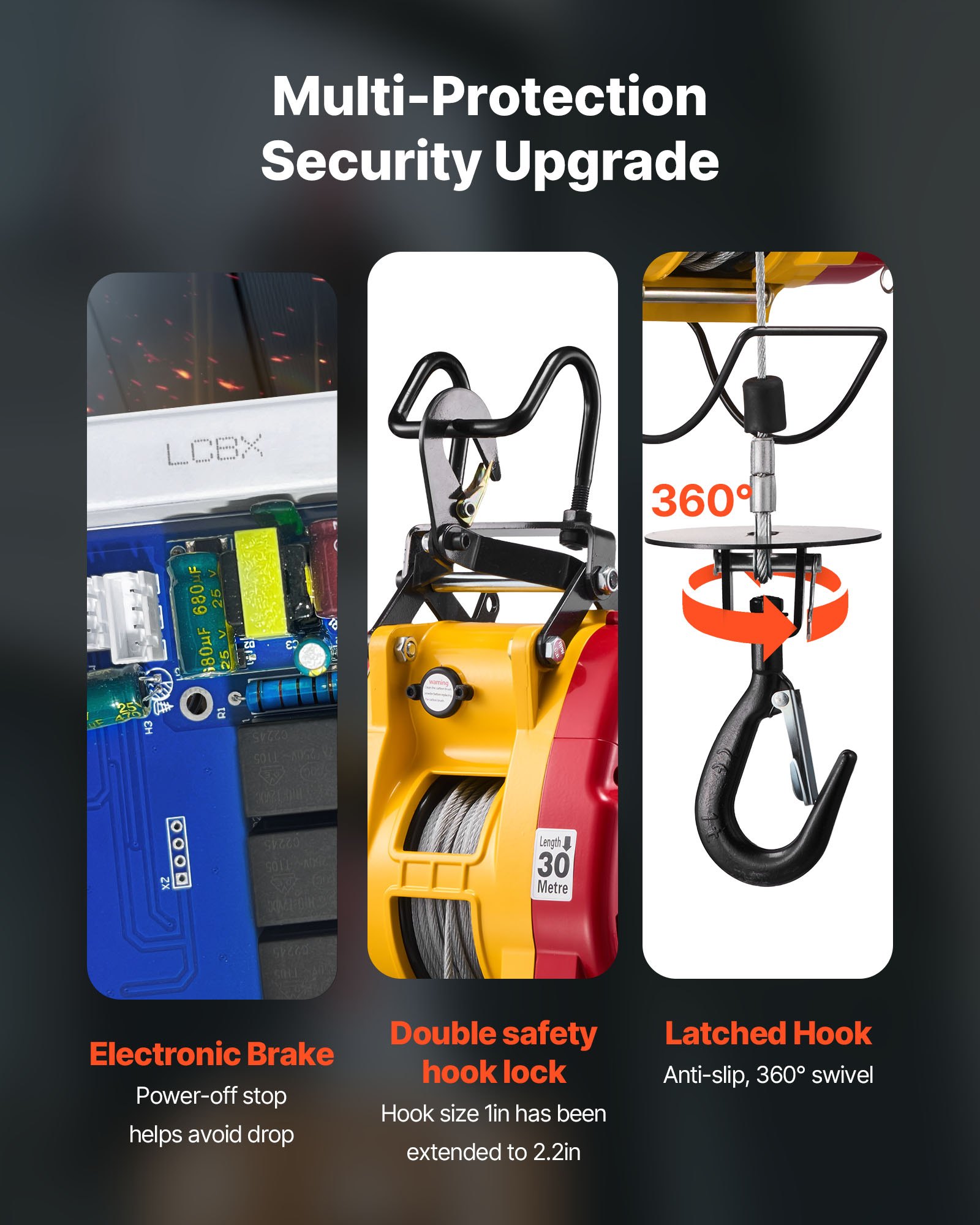 VEVOR elektrische lier 300 kg, 2-in-1 elektrische takel 1500 W, takelhoogte 30 m, kabeltreksnelheid 18,9 m/min, met bedrade en draadloze afstandsbediening voor fabriek, magazijn en garage