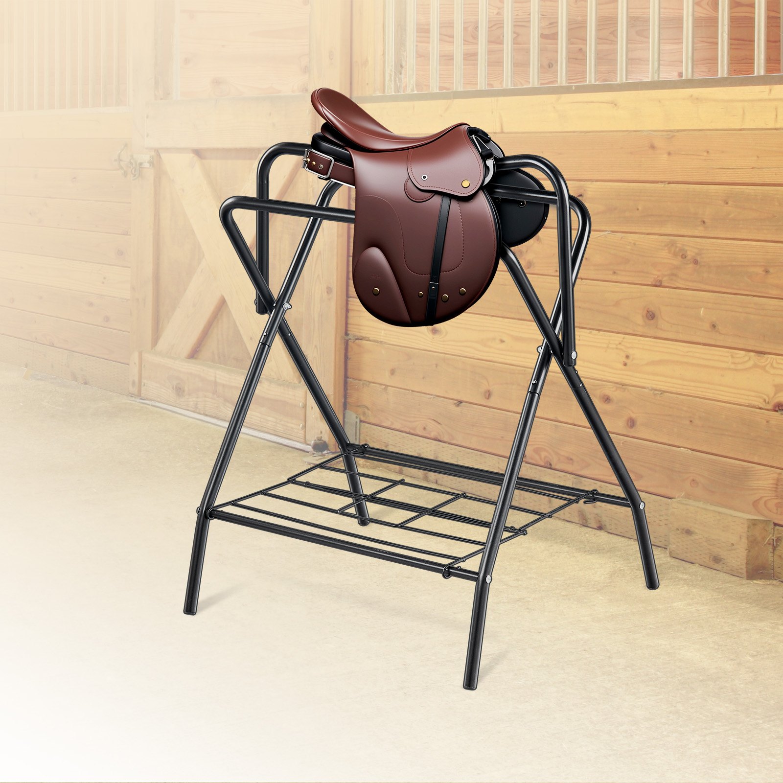 VEVOR Opvouwbare zadeldrager, zadelstandaard voor paarden tot 60 kg, draagbare dekenhouder voor paarden, robuuste stalen zadelstandaard voor Engelse en Western zadels, opbergruimte voor hoofdstellen, zwart