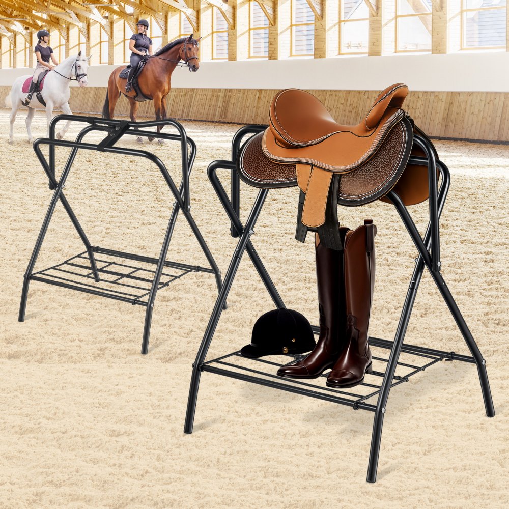 VEVOR Folding Saddle Rack, 28 x 19 x 37.5 in, 2 Packs Freestanding Horse Saddle Stand, Portable Horse Blanket Holder, Heavy Duty Steel Saddle Rack for English & Western Saddles, Tack Storage, Black
