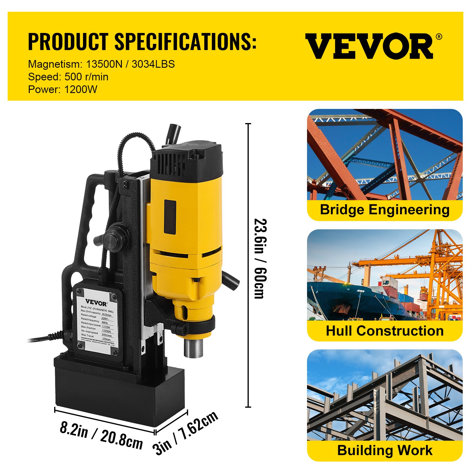 VEVOR MD40 1-1/2 inch Electric Magnetic Drill Press Drilling Machine with 13PC 1" HSS Annular Cutter Set Precise Annular Cutter Kit Compact 2700 LBS Magnet Force