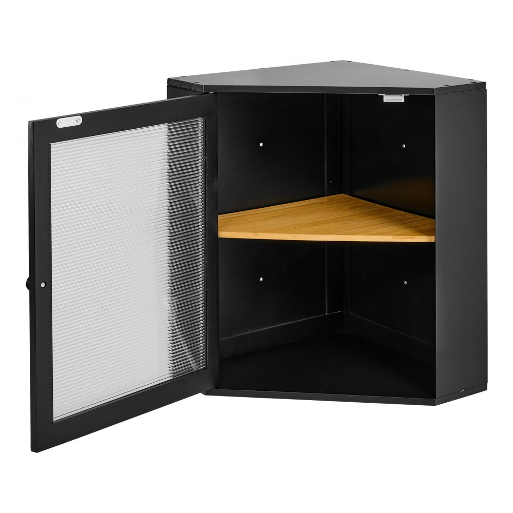 VEVOR hoekbrooddoos met acrylvenster, 321x321x427 mm, bamboehout, zwart. Ideaal voor bagels, muffins en zelfgebakken brood. Magnetische sluiting en in 3 hoogtes verstelbare plank, geventileerd.