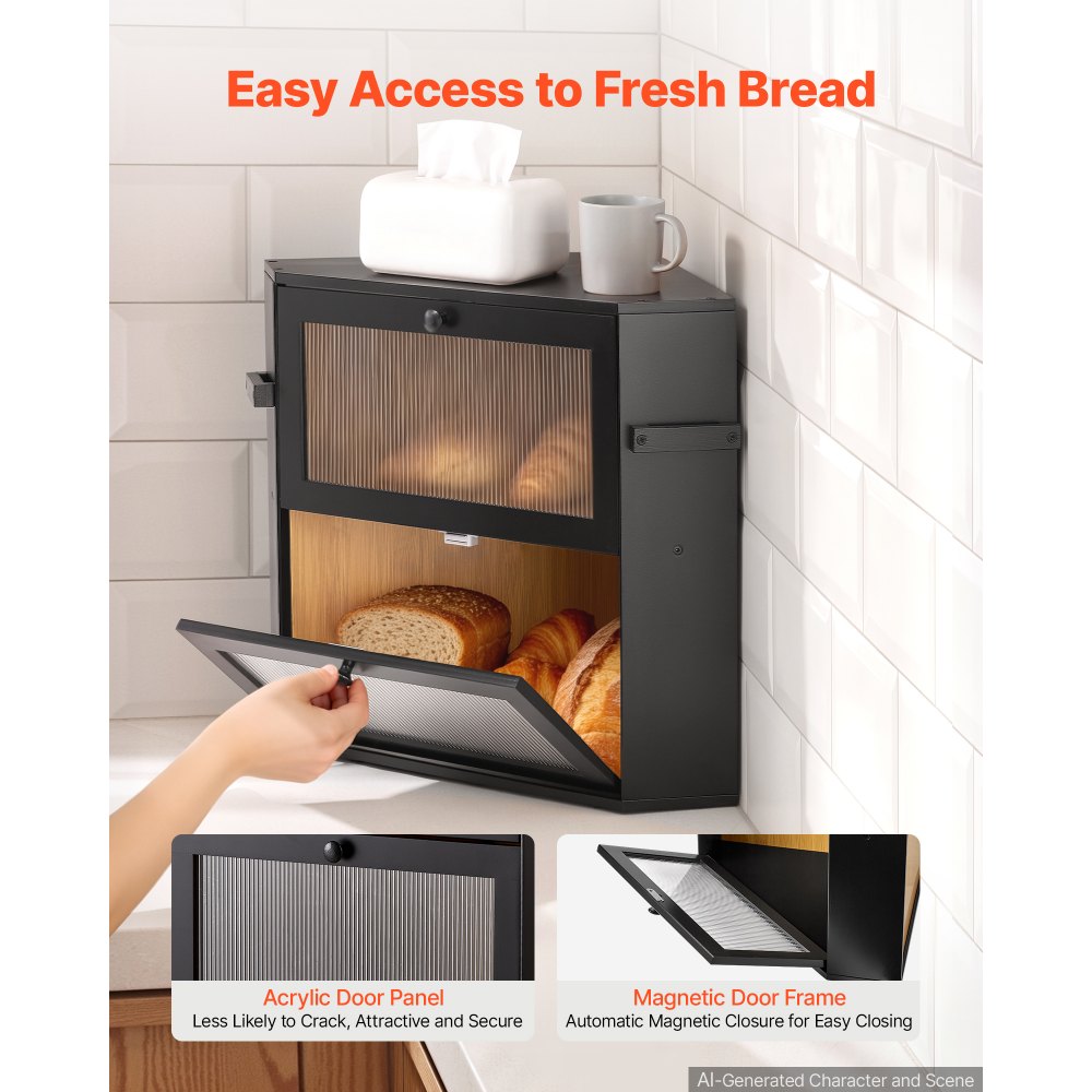 VEVOR Hoekbrooddoos, 2 lagen, acrylvenster, 35x35x42 cm, bamboehout, zwart. Ideaal voor bagels, muffins en zelfgebakken brood, met magnetische sluiting, zijhaken en ventilatiegaten. Keukenbrooddoos