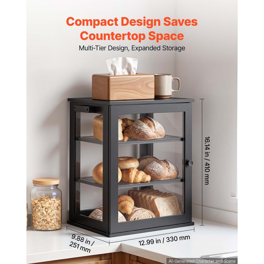 VEVOR Brooddoos met 3 niveaus 330 x 251 x 410 mm Brooddoos van bamboehout, zwart. Ideaal voor bagels en muffins, met magnetische sluiting, zijhaken, antislipbodem en in hoogte verstelbare plank met 3 niveaus.