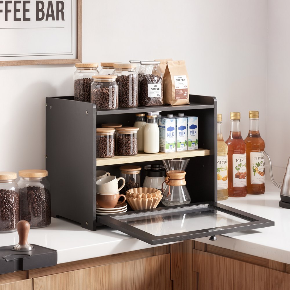 VEVOR Brooddoos met acrylvenster 393x262x321 mm Brooddoos van bamboehout, zwart, ideaal voor bagels en muffins, met magnetische sluiting, zijhaken, ventilatiegaten en een in 3 standen verstelbaar schap.